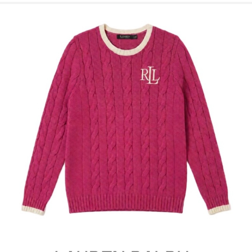 Lauren Ralph Lauren Pink Cable Knit RLL Logo Sweater with Cream Trim